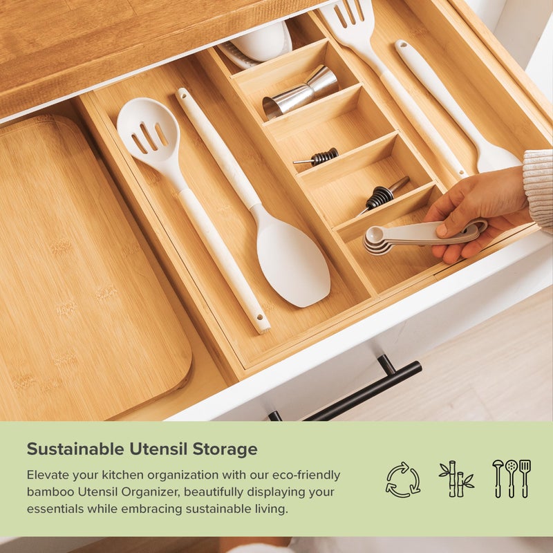 KitchenEdge Adjustable Kitchen Drawer Organizer for Utensils and Junk, Food-Safe Contract Grade with 100% Sustainable Wood, Expandable from 19 to 33 Inches Wide - Natural Bamboo - Image 4